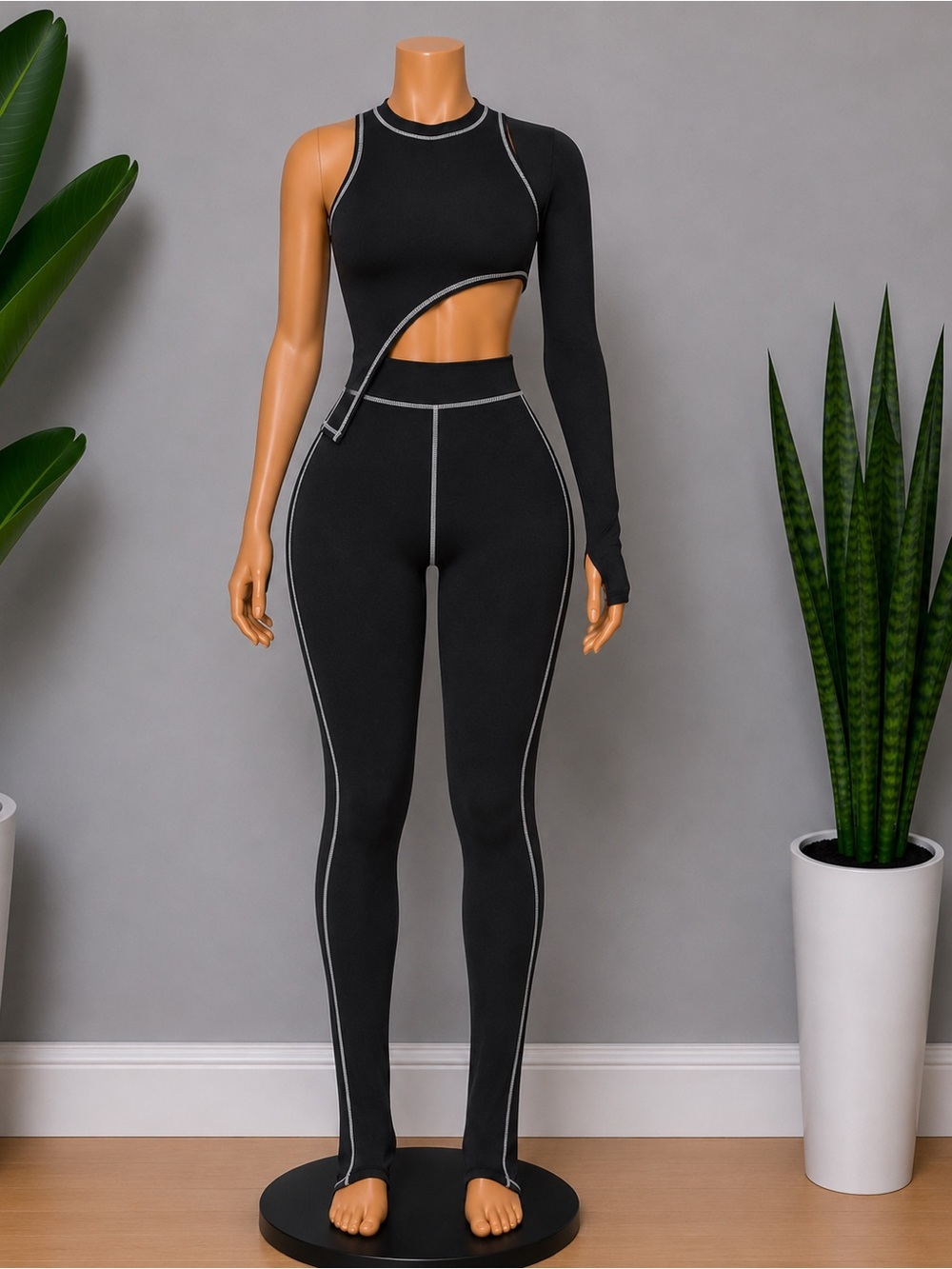 One-Shoulder Cutout Active Set - Black with white Stitching